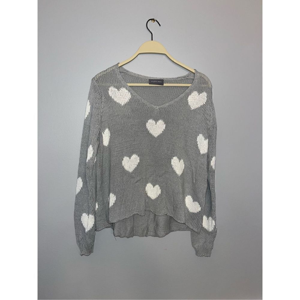 Wooden Ships Besotted Hearts V-Neck Sweater Gray & White Size XS/S - Picture 1 of 4